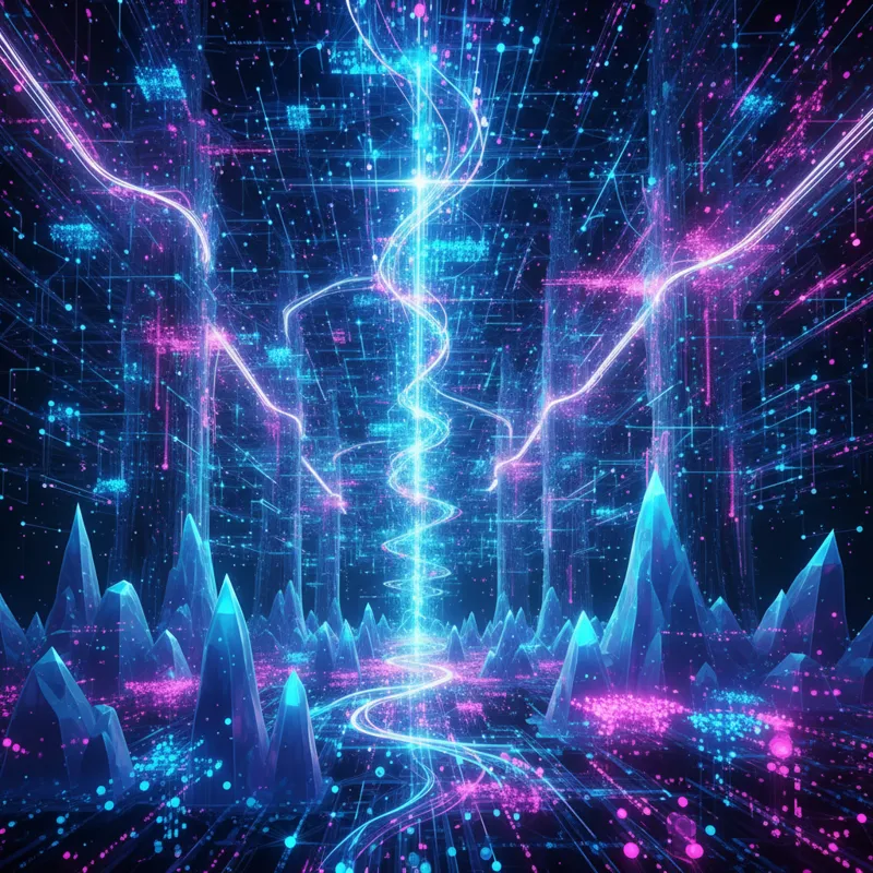 A futuristic digital landscape with interconnected data points and pathways, symbolizing the complex and evolving nature of link building in 2026. Dom