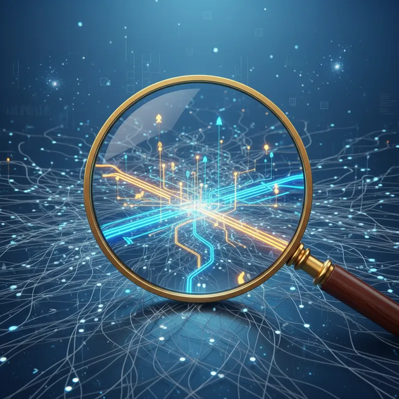 A magnifying glass hovering over intricate web connections, highlighting specific, high-quality links amidst a broader network, symbolizing the precis