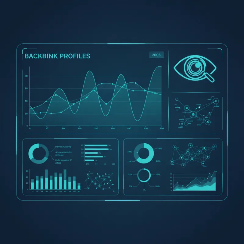 A digital dashboard displaying complex graphs and charts related to backlink profiles, with an analytical eye icon in the corner, representing data-dr