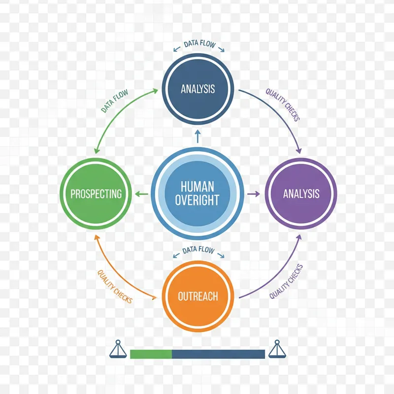 A conceptual diagram showing human oversight at the center, surrounded by automated processes like prospecting, outreach, and analysis, all connected 