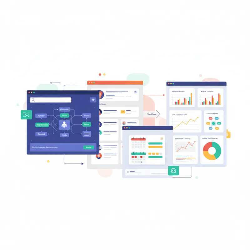 A collage of various software interfaces representing AI-powered research tools, CRM for outreach, and data analytics dashboards, all contributing to 