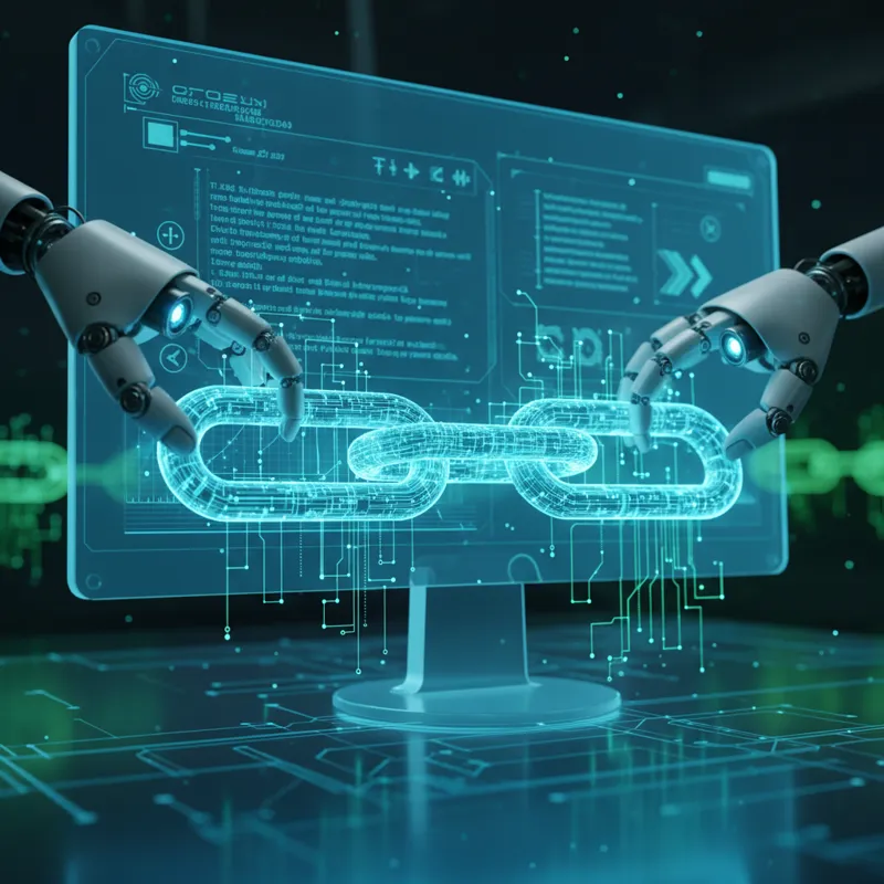 An illustration of a robotic arm or AI hand connecting various digital website icons with links, symbolizing automated link building software and strategies for SEO.