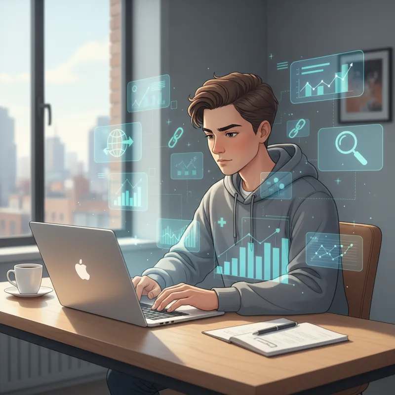 A person sitting at a desk, looking at a laptop with a focused expression, surrounded by subtle digital graphs and charts indicating SEO and backlink 