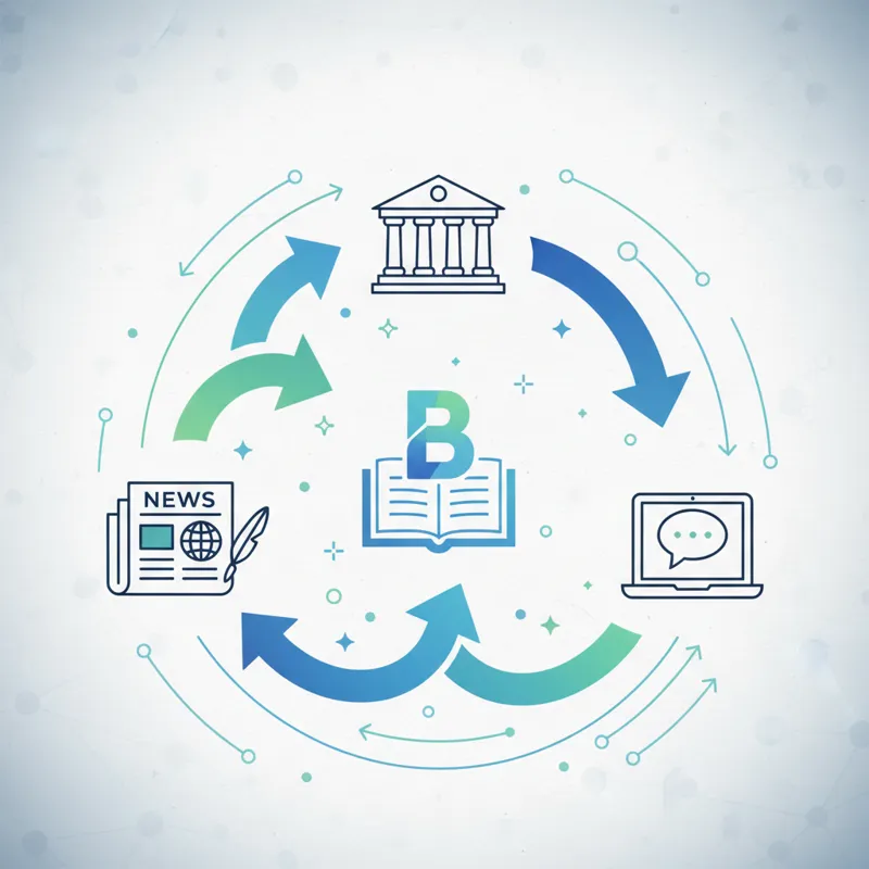 A stylized infographic showing various high-quality websites (represented by icons like a newspaper, a university, a reputable blog) pointing arrows t