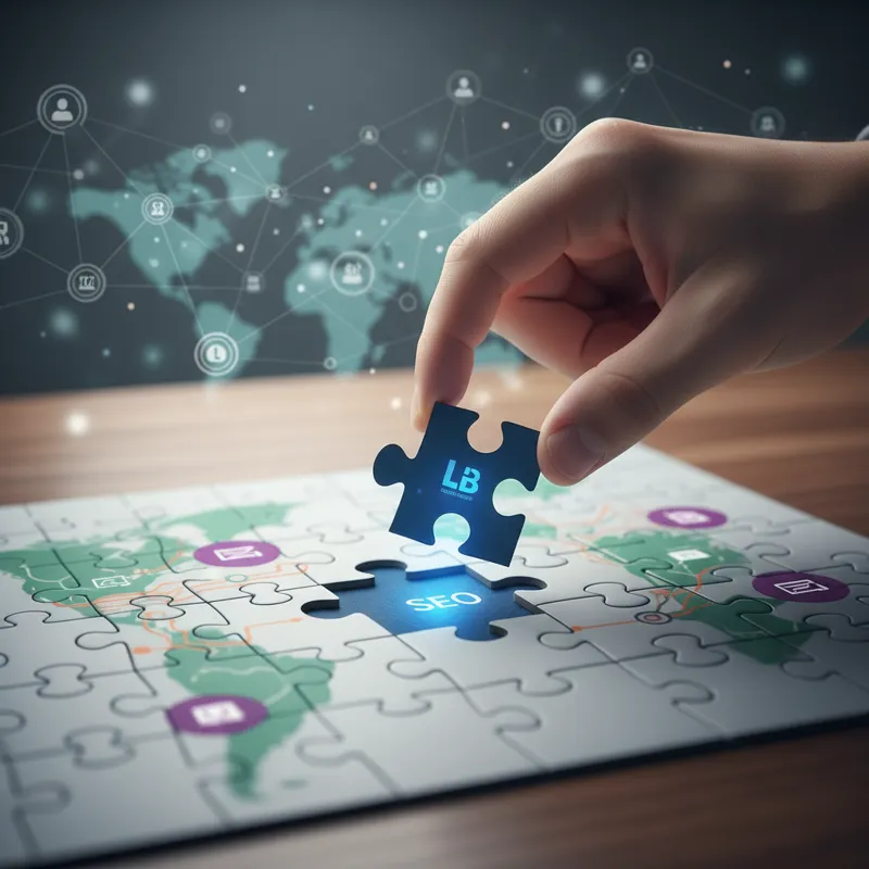 A hand meticulously placing a puzzle piece into a larger puzzle, representing careful and deliberate link building, with a background showing a blurre