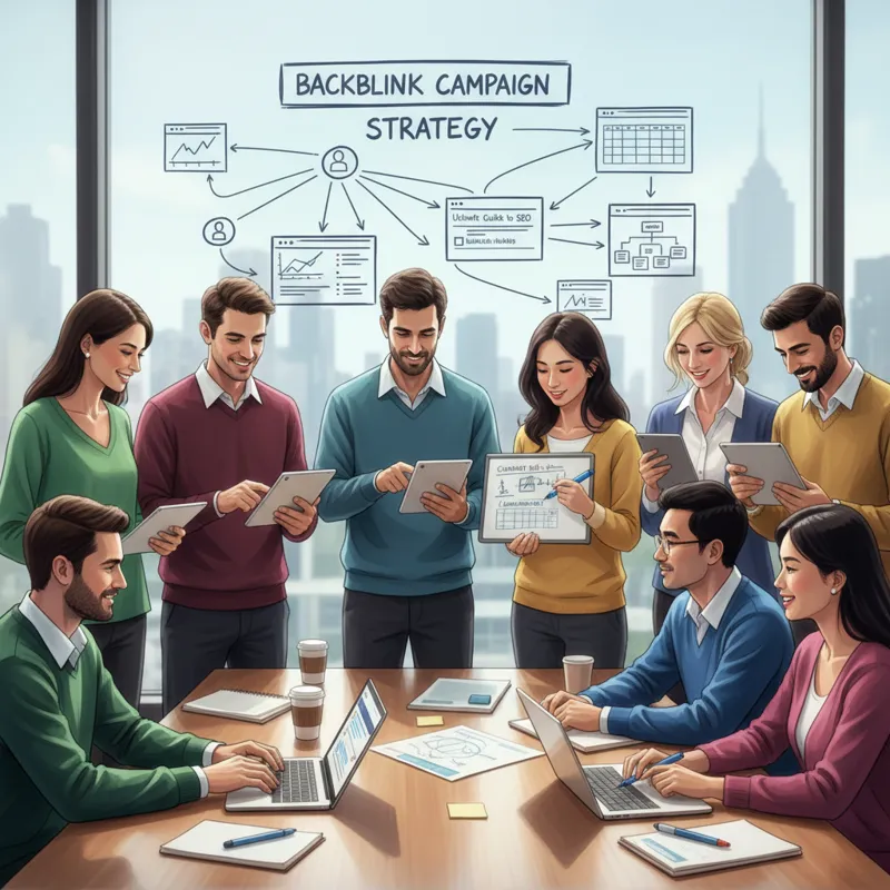 A diverse team of digital marketers collaboratively planning a sophisticated backlink campaign strategy in a modern office environment, using whiteboa