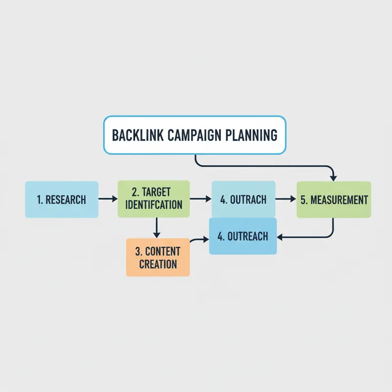 A clear, multi-step flowchart illustrating the stages of planning a backlink campaign, including research, target identification, content creation, ou