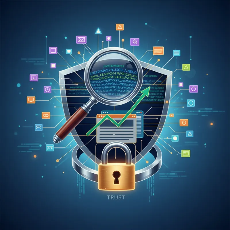 A stylized illustration depicting various elements converging to form a strong, high-quality backlink: a magnifying glass over relevant text, a graph 