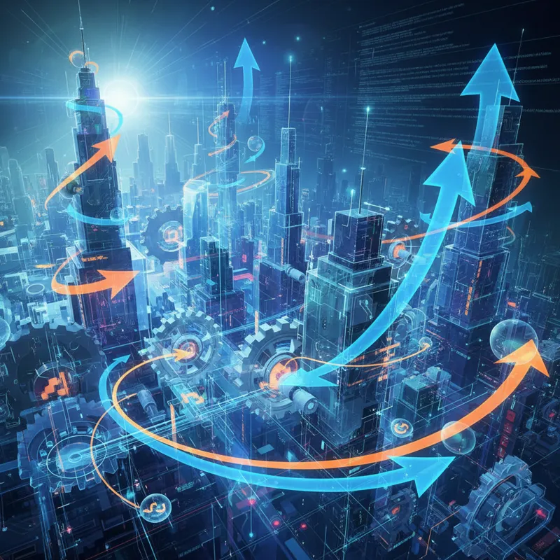 A dynamic illustration showing a modern digital city skyline with gears and arrows indicating constant change, emphasizing the evolution of SEO and ba
