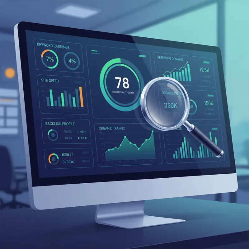 A digital dashboard displaying various SEO metrics like domain authority, referring domains, and organic traffic, with a magnifying glass hovering ove