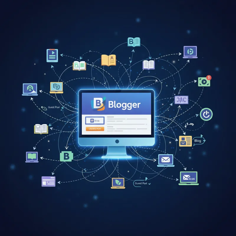 A vibrant illustration showing various blogs interconnected with lines, symbolizing guest posts and network expansion. A central computer screen displ