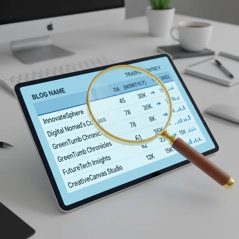 A magnifying glass hovering over a list of blog names and their metrics (DA, traffic estimates), illustrating the research process for guest post oppo