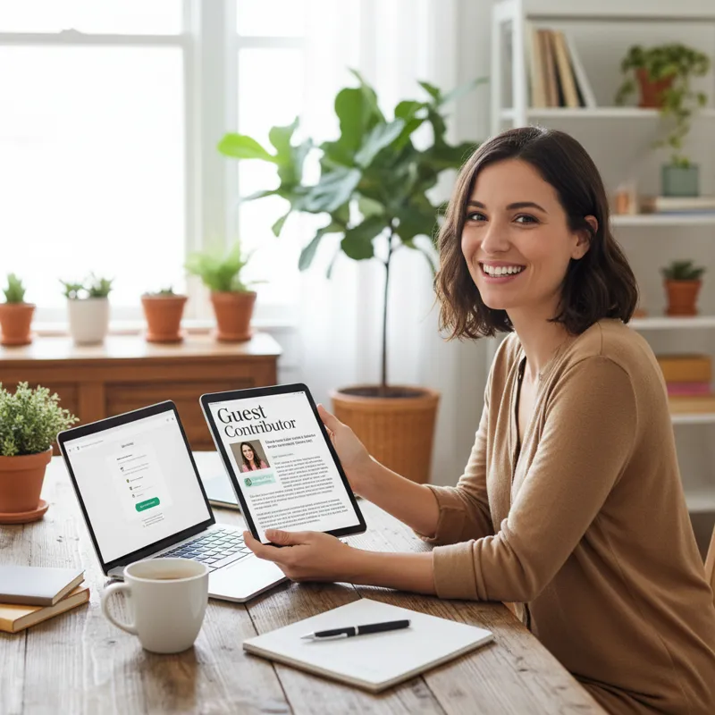 Blogger typing a guest post on a laptop, illustrating content collaboration and SEO strategy for website growth.
