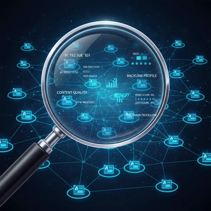 A magnifying glass inspecting a complex network of websites, highlighting details like IP addresses, content quality, and backlink profiles, symbolizi