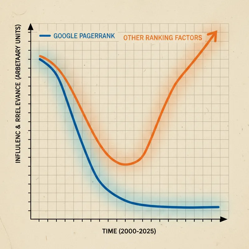 A graph showing the decline and irrelevance of Google PageRank over time.
