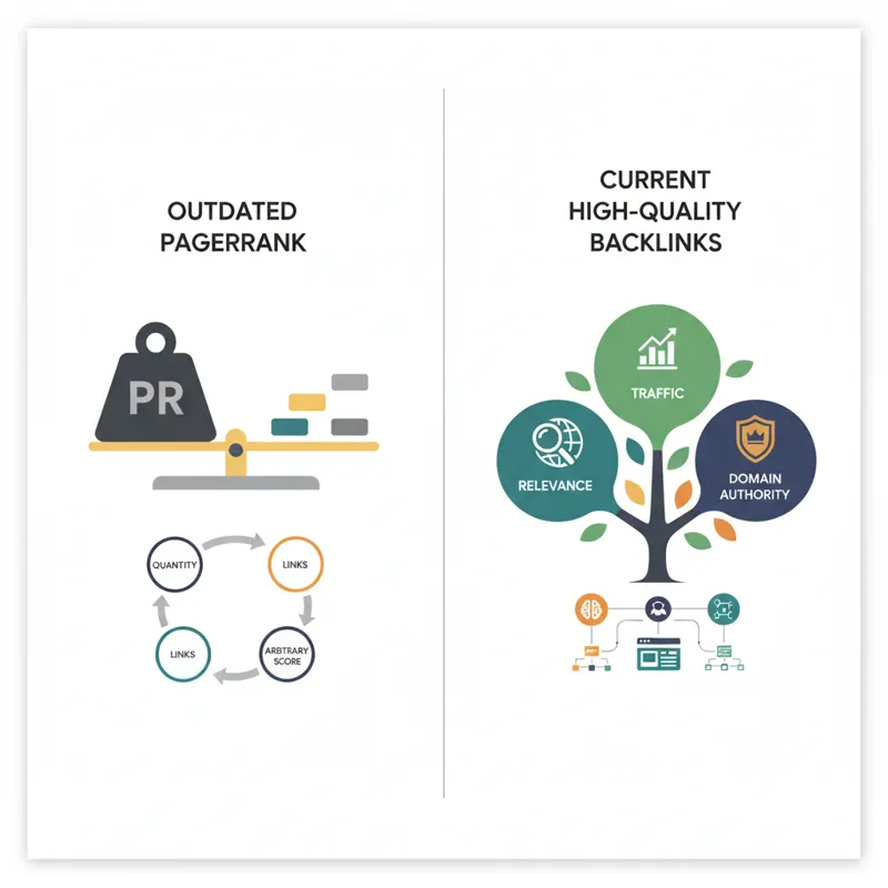 A comparison chart of outdated PageRank metrics vs. current high-quality backlink attributes like relevance, traffic, and domain authority.