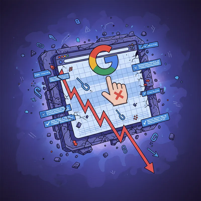 A stylized illustration of a website being penalized by Google, with broken links and a downward trending graph.