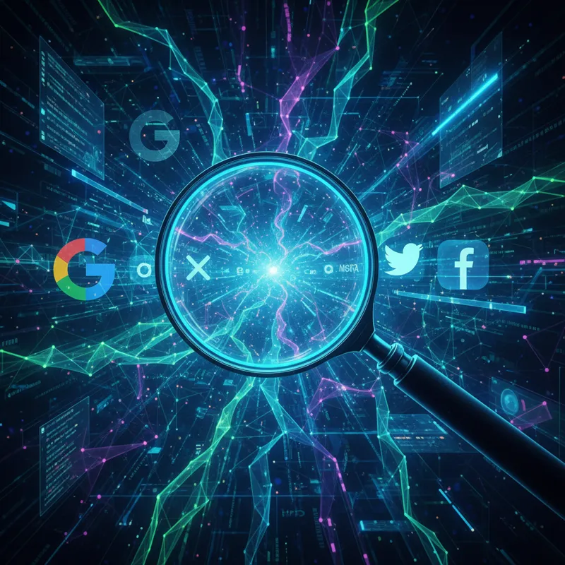 An abstract illustration showing a magnifying glass analyzing interwoven digital links and connections, with various competitor website logos subtly i