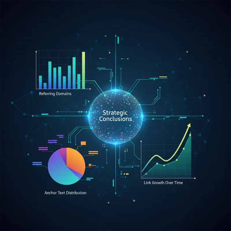 A visual representation of data analysis, with various charts and graphs showing backlink metrics like referring domains, anchor text distribution, an