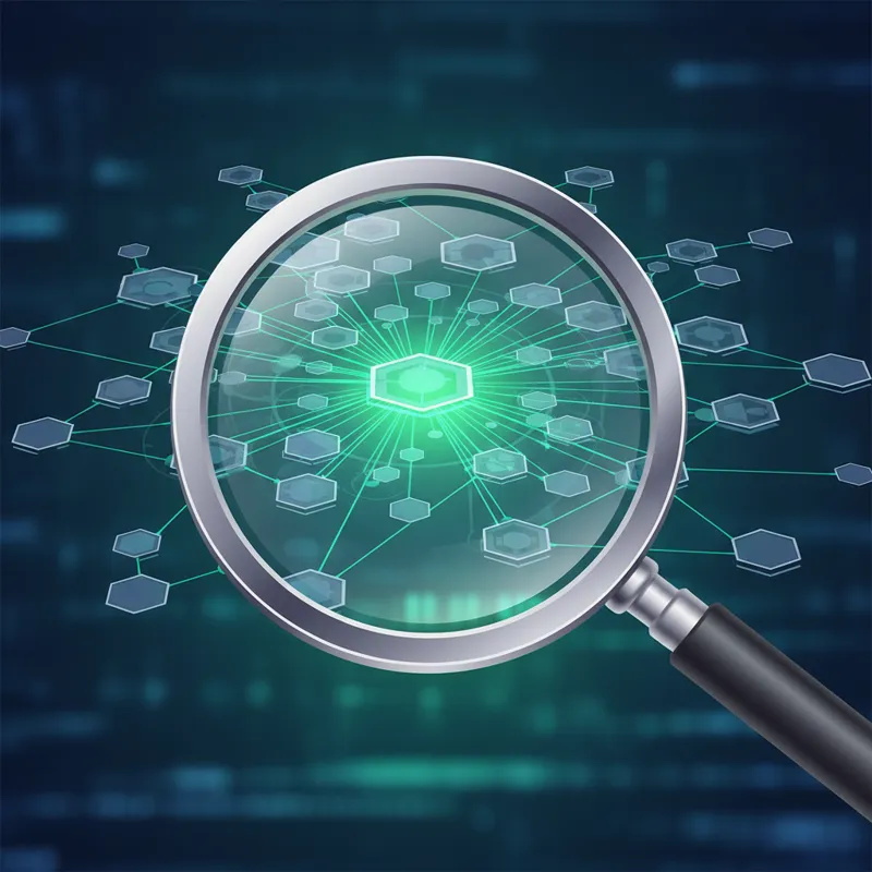 A magnifying glass hovering over a network of interconnected websites, with some glowing green representing valuable backlinks, symbolizing analysis o