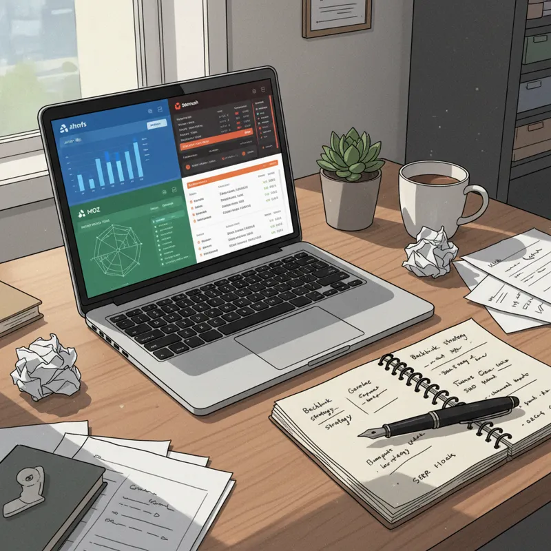 A desk with a laptop displaying various SEO tool interfaces (like Ahrefs, Semrush, Moz, GSC), alongside a notepad and pen, representing the blend of f