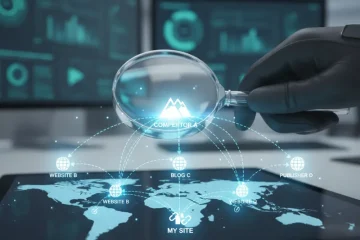 A graphic depicting the process of finding and analyzing competitor backlinks to uncover new link building opportunities and improve SEO.