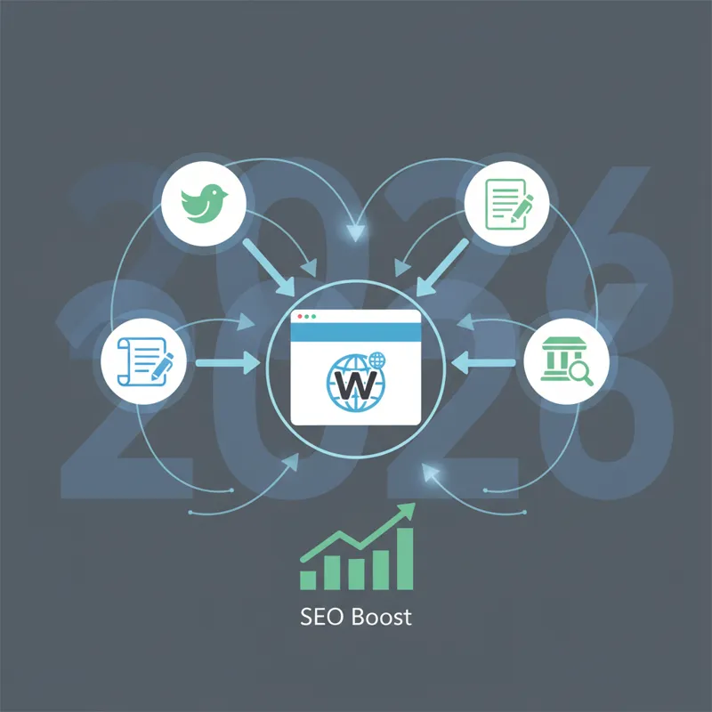 A digital graphic illustrating the connection between various online sources (social media, blogs, directories) pointing arrows towards a central webs