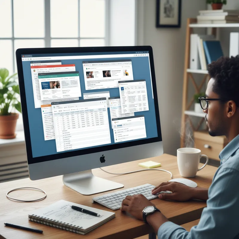 A person sitting at a desk, looking at a computer screen filled with open tabs and spreadsheets, representing research and organization for a backlink