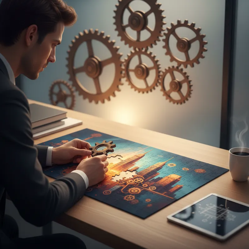 A person actively engaged in a puzzle, with gears turning in the background, symbolizing strategic effort rather than monetary cost, set against a mod