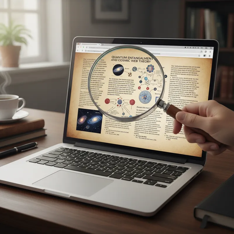 A magnifying glass hovering over a detailed, well-researched article on a laptop screen, emphasizing content quality and depth.