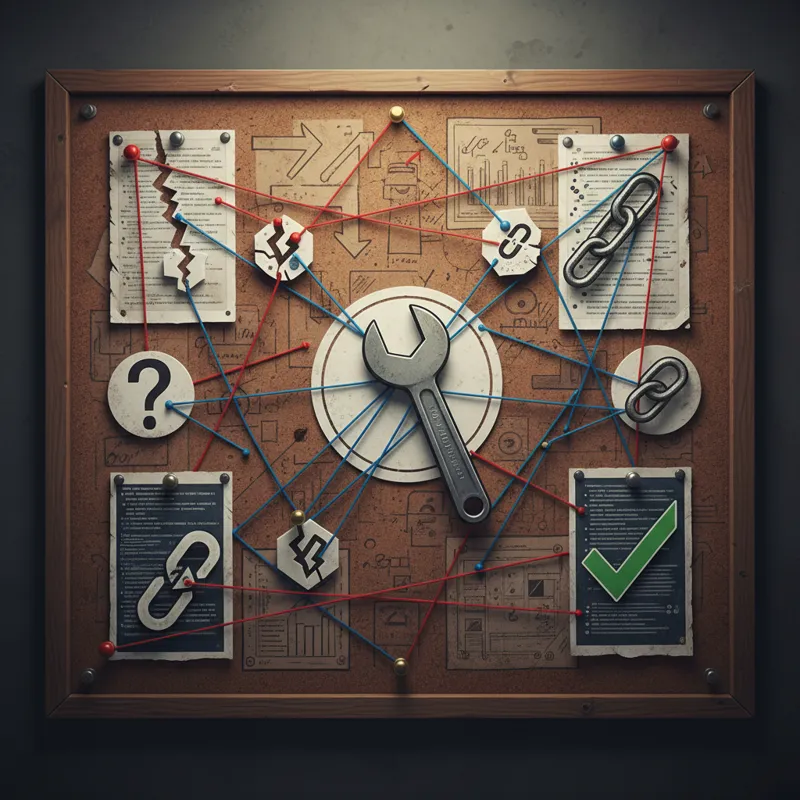 A detective-style investigation board with strings connecting various pieces of content, representing finding and fixing links.