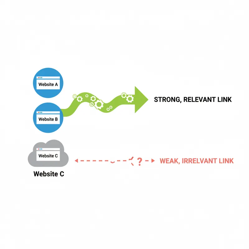 A professional, clean diagram illustrating two interconnected websites with a strong, relevant link between them, and a third, unrelated website with 