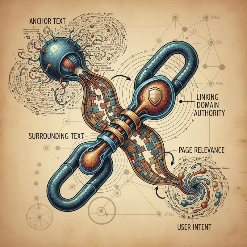 A detailed anatomical drawing of a backlink, showing components like anchor text, surrounding text, linking domain authority, page relevance, and user
