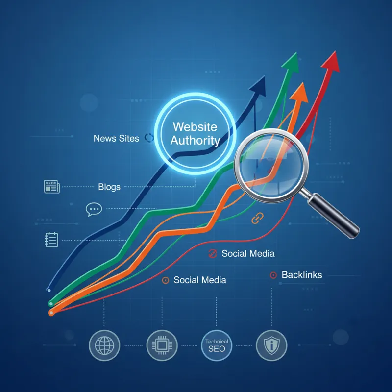 A digital graph showing upward trends, with various colored lines representing different SEO factors converging on a central point labeled 