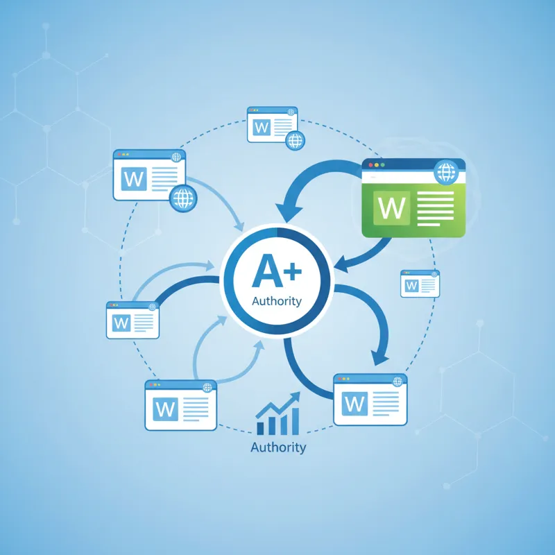 An infographic showing a simplified diagram of how backlinks connect websites and contribute to a website's authority, with arrows pointing from vario