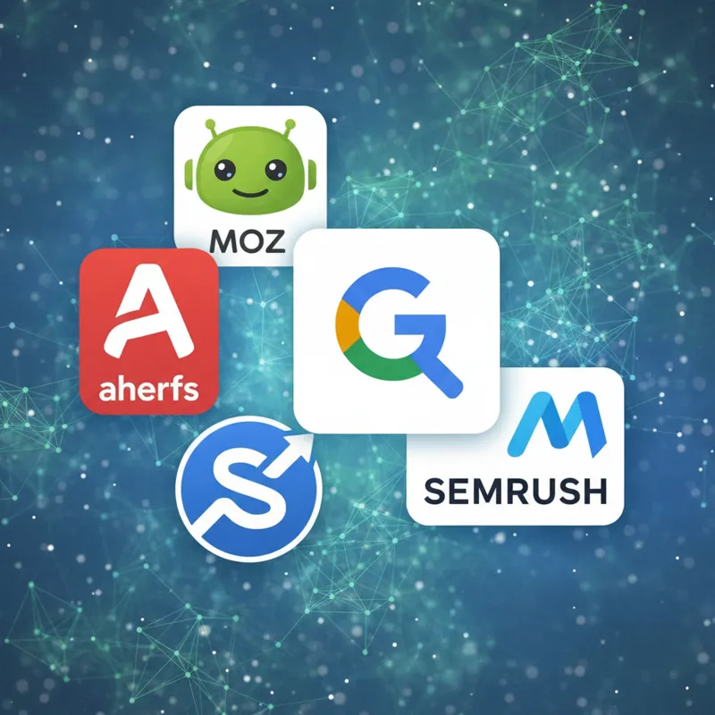 A collage of popular SEO tool logos (Google Search Console, Ahrefs, SEMrush, Moz, Majestic), with a balanced representation of both free and paid opti