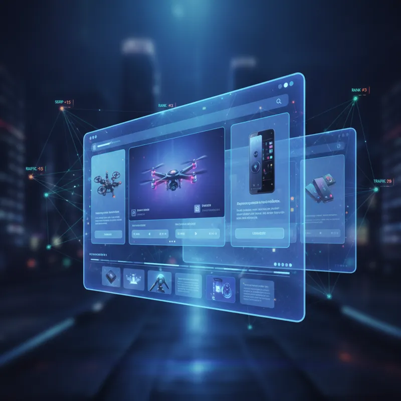 A futuristic e-commerce website interface with holographic elements, displaying product pages and a subtle background showing search engine ranking me