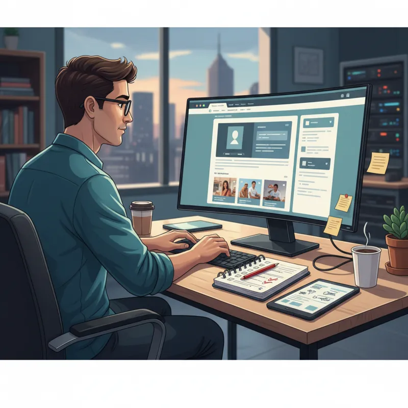A person sitting at a desk, meticulously reviewing an e-commerce website on a large monitor, with a checklist and notepad, focusing on site structure,