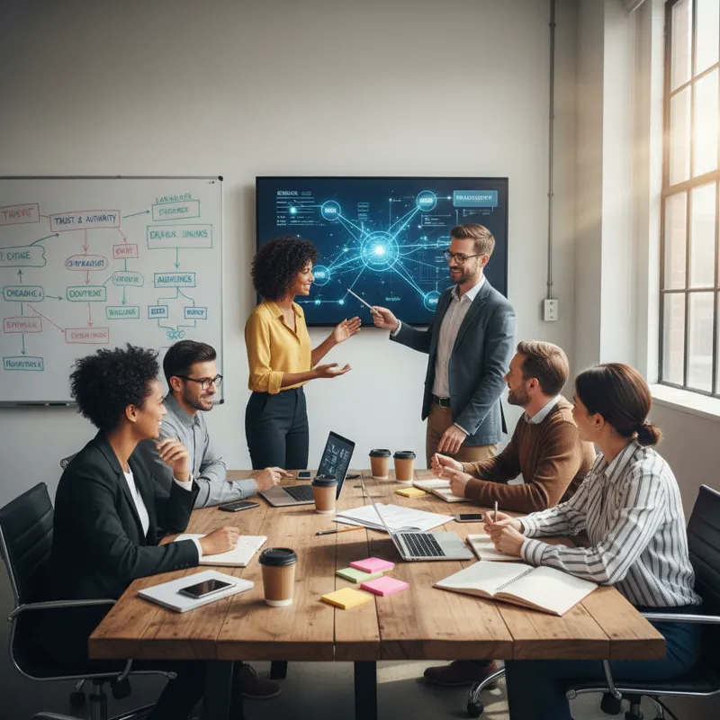 A diverse team of digital marketing professionals collaboratively brainstorming and strategizing around a table, using whiteboards and digital screens