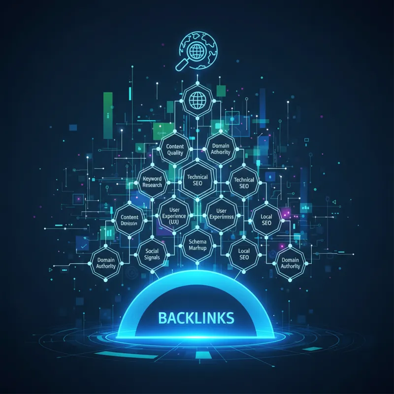 An infographic showing various factors contributing to SEO, with backlinks prominently featured and highlighted as a foundational element, set against