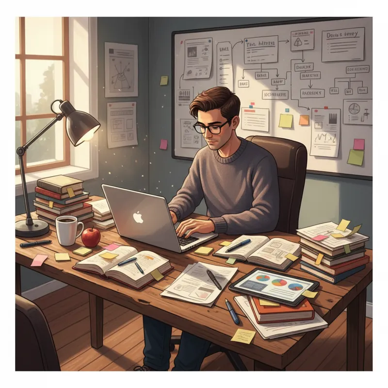 A person meticulously crafting high-quality, in-depth content on a laptop, surrounded by research materials, symbolizing the effort required to produc