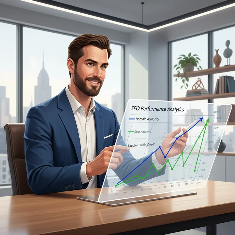 A professional sitting at a desk, reviewing a complex graph showing website authority and backlink growth over time, with a confident expression. The 