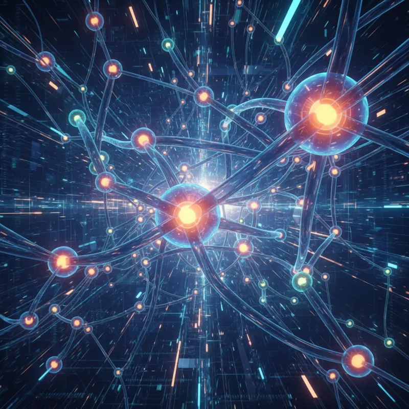 An abstract illustration showing interconnected nodes and lines representing a complex web, with some nodes highlighted as strong and relevant, set ag