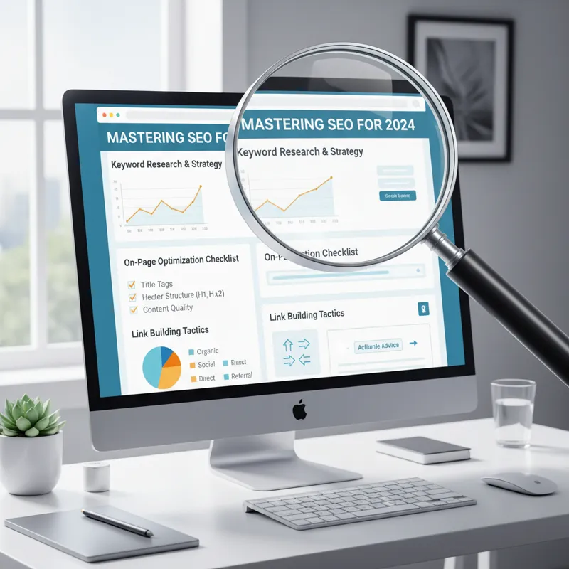 A magnifying glass hovering over a computer screen displaying a well-structured blog post about SEO, with elements like data charts, clear headings, a