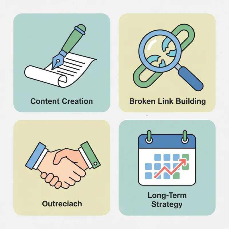A diverse set of icons representing different white-hat link building techniques: a pen and paper for content creation, a handshake for outreach, a ma