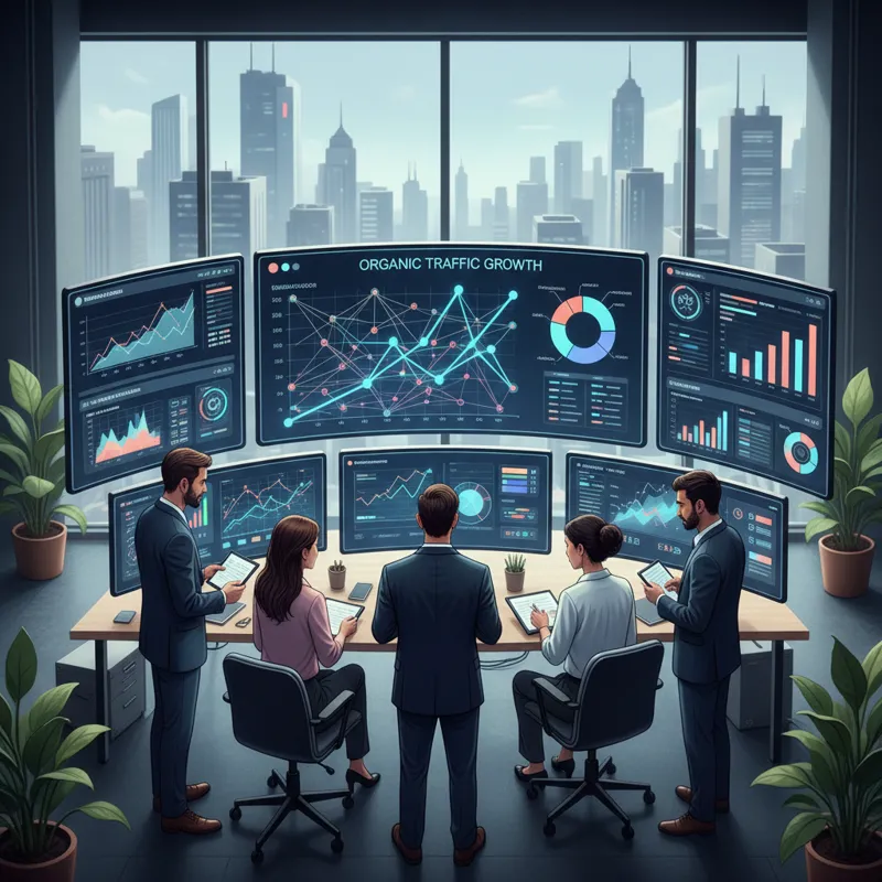 A professional, diverse team collaborating on digital screens, showing charts and graphs related to SEO and link building, with a focused, strategic a