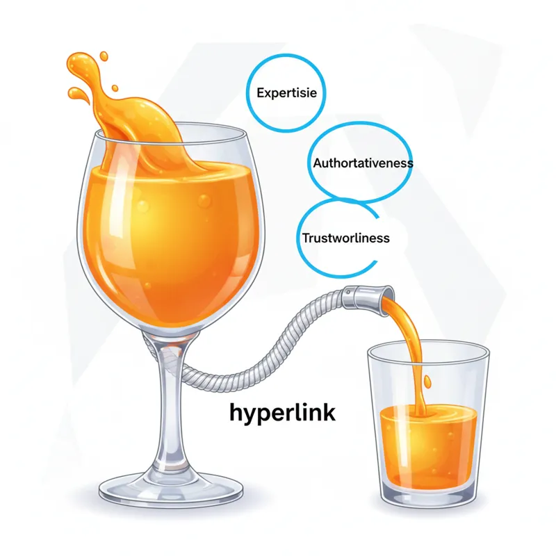 A detailed infographic showing a large, authoritative website (represented by a full, vibrant glass of juice) pouring its contents into a smaller, les