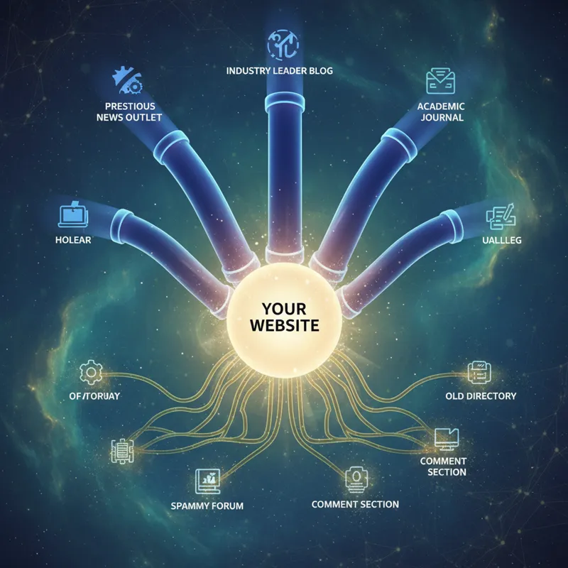 A conceptual illustration of a website's authority flowing from multiple high-quality external websites pointing to it, with smaller, lower-quality li
