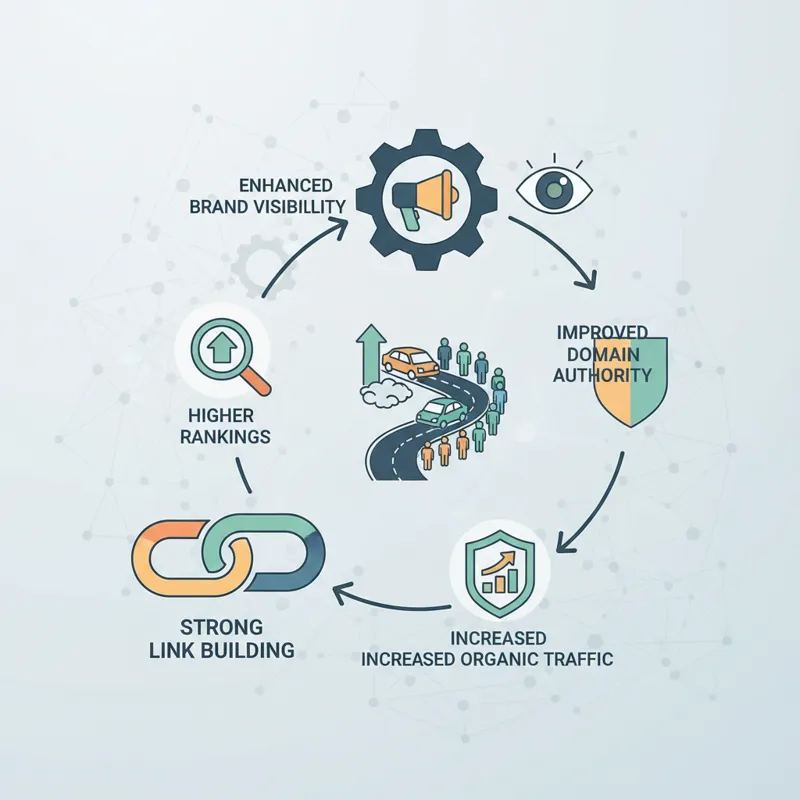 An infographic showing the interconnected benefits of strong link building, perhaps a chain reaction leading to higher rankings, more traffic, and inc