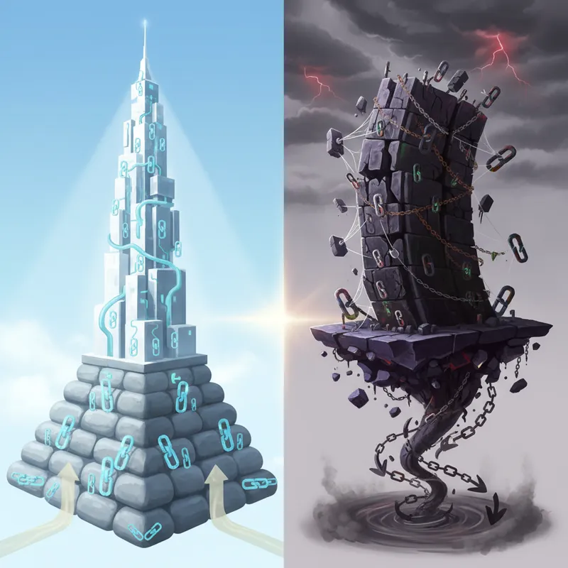 A visual metaphor of building a stable, tall structure on a solid foundation, representing white-hat link building, contrasting with a flimsy, leaning